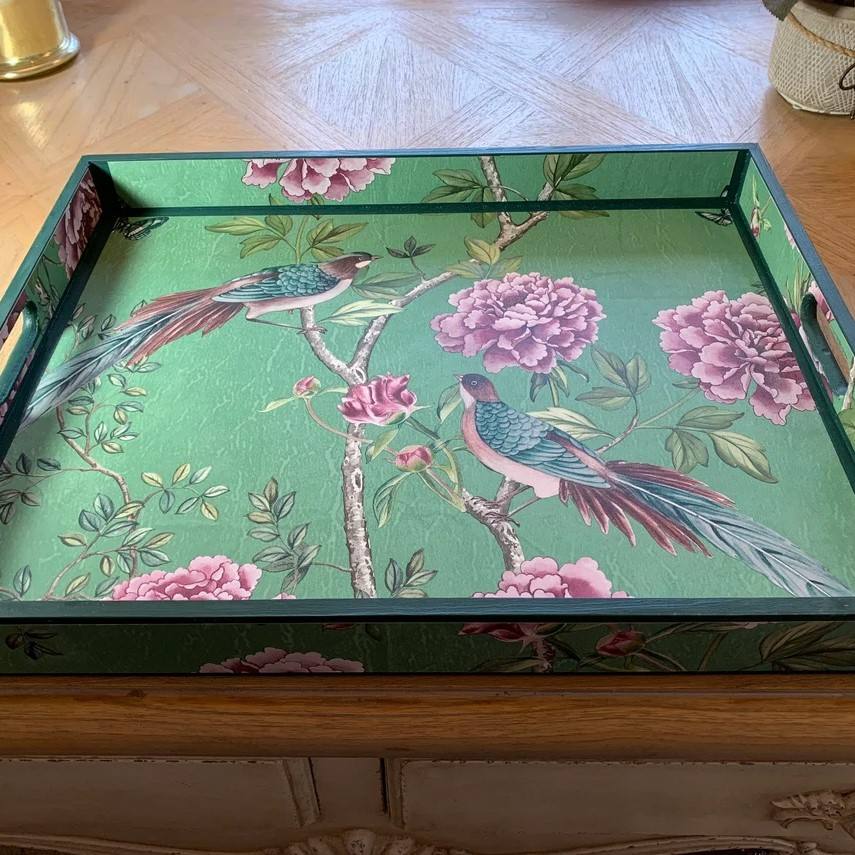 Handcrafted Wooden Meenakari Tray Bird and Floral Art Serving Tray for Kitchen & Dining