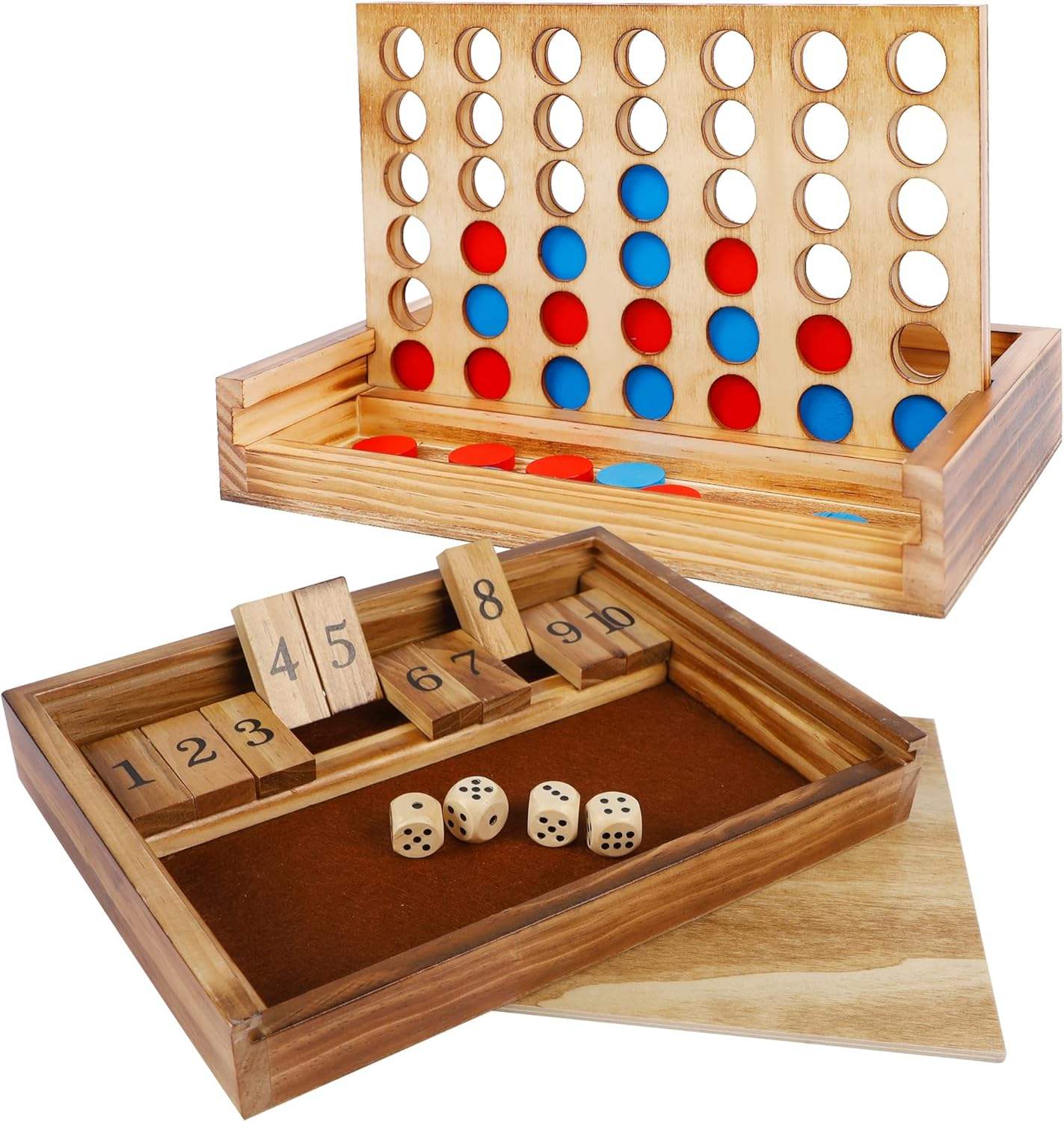 Classic Rustic Wooden Educational Shut the Box 4-in-a-Row Strategy Game Set with Dice for Kids Family and Travel