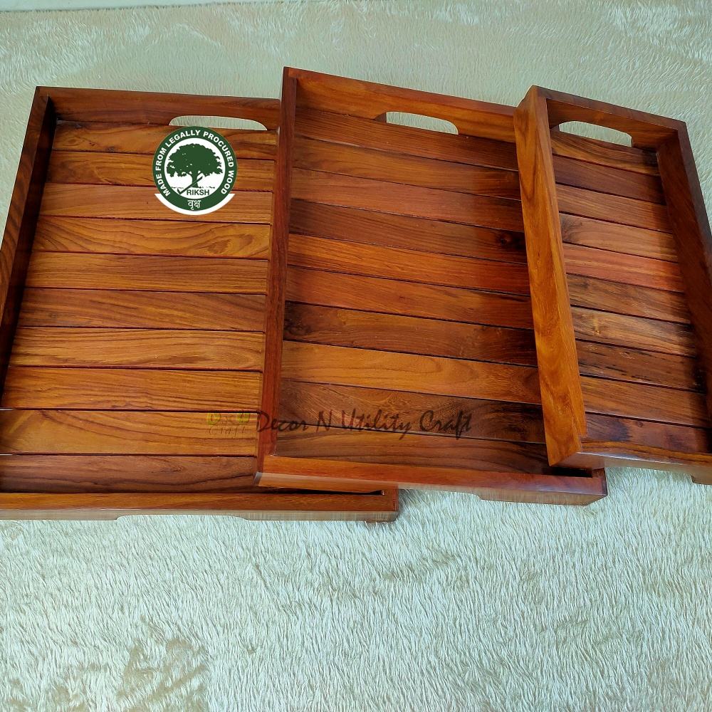Handmade Wooden Serving Tray Set Rectangle Polished Solid Wood Decorative Tray for Presents
