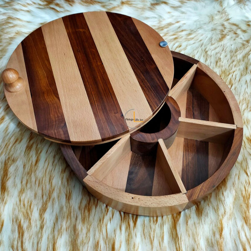Handmade Indian Spice Box 8 Inch Sheesham Wood Storage Box for Kitchen & Tabletop