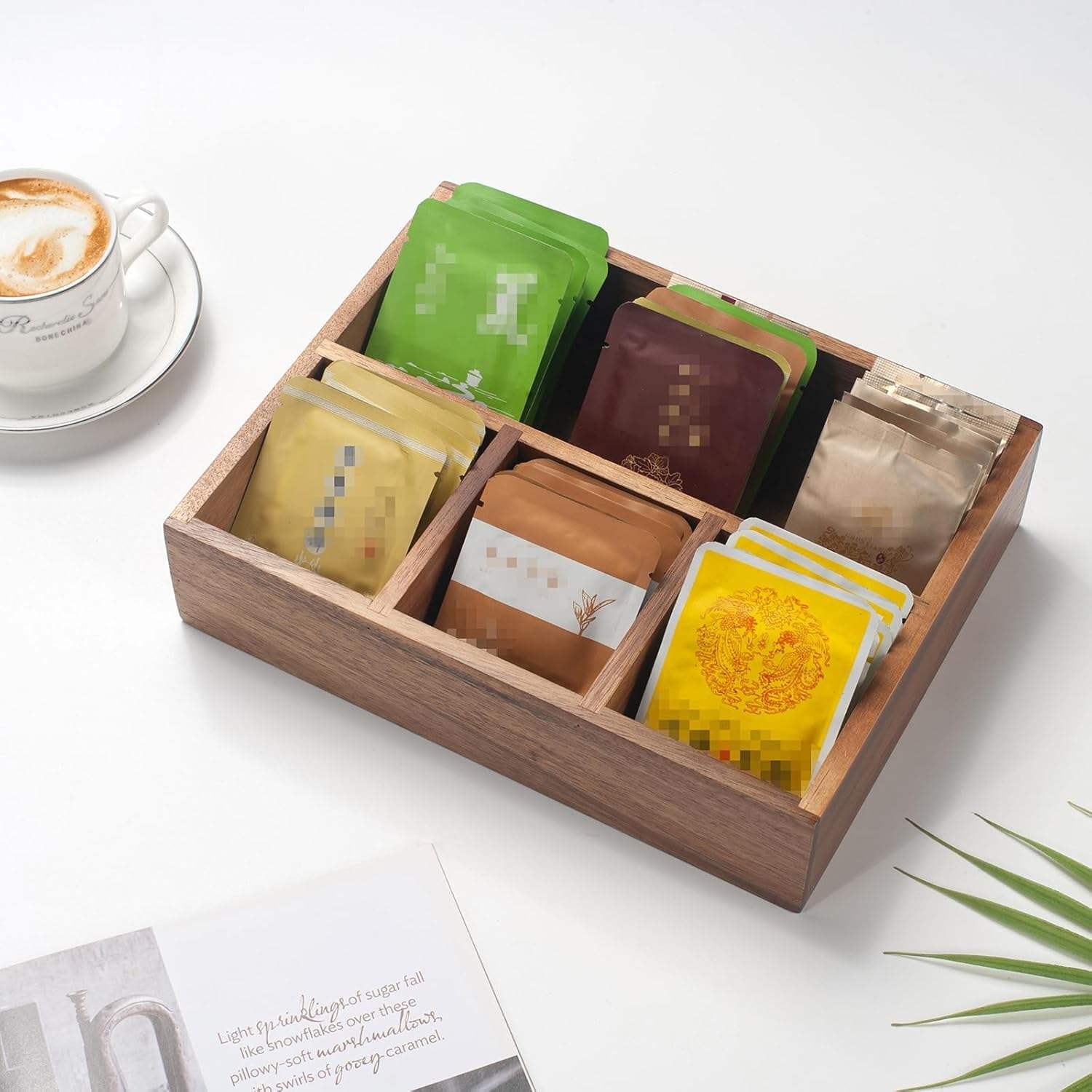 Modern Pine Wood Storage Box with 4 Compartments for Bags, Coffee, Sugar Sachets & Small Packets