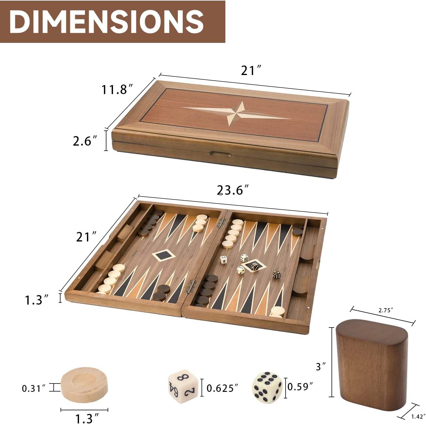 Premium Solid Wood Classic Strategy Board Game-Folding Backgammon Star Inlay Design Home Travel Educational Toy 14+ Puzzle 21