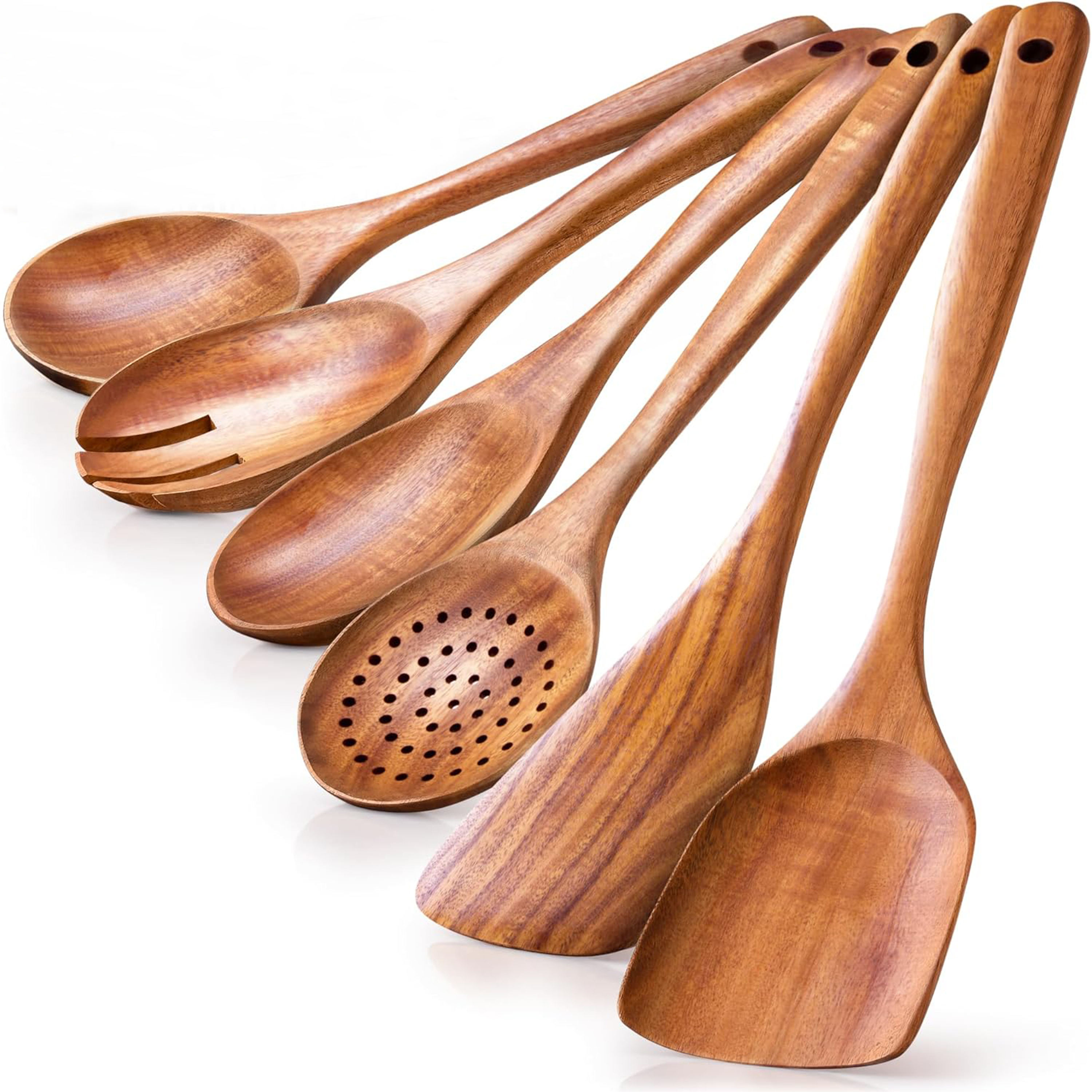Premium 6 Piece Wooden Cooking Spoon Set High Quality Teak Wood Kitchen Utensils with Smooth Surface, Soft Comfort Grip & Non-Stick Safe Design