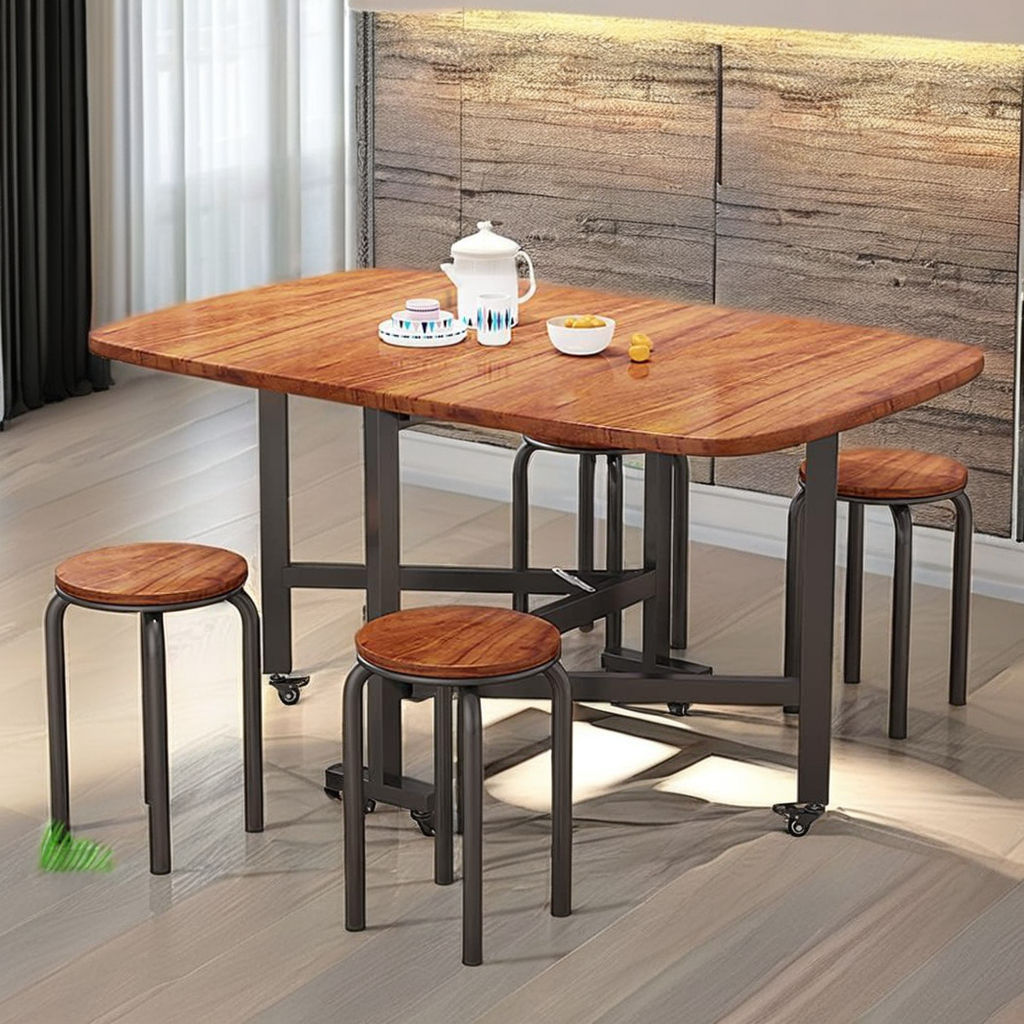 Space Saving Multifunction Folding Dining Table with 6 Wheels Solid Wood Home Furniture