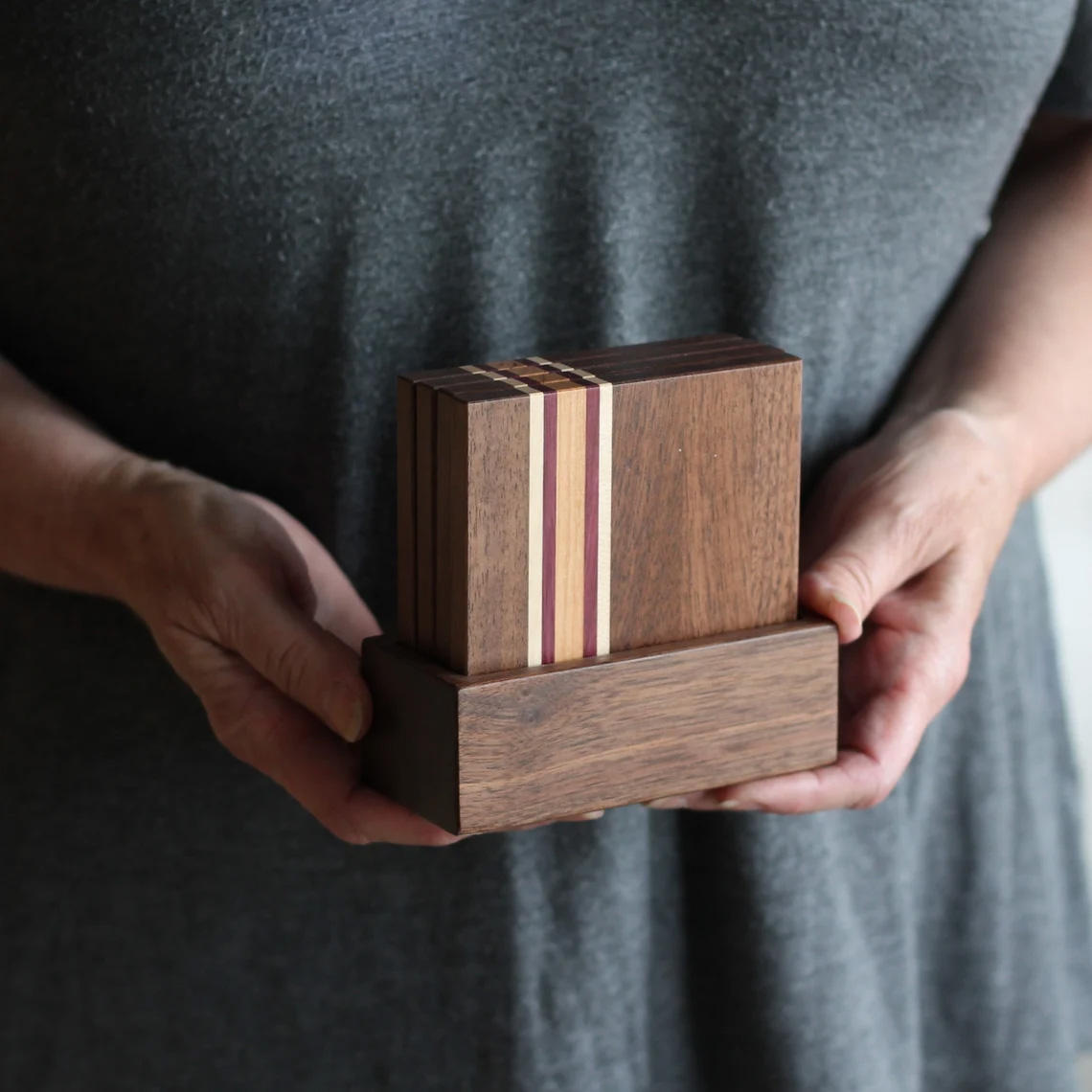 Handmade Classic Striped Wooden Coasters with Resin Finish Premium Tea Cup Coasters for Kitchen, Dining & Home Decor