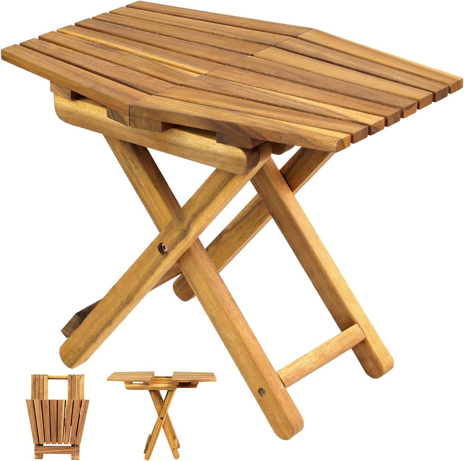 Folding Outdoor Wooden Side Table Natural Wood Top Accent Table for Patio, Bedroom & Living Room (18”x13”)