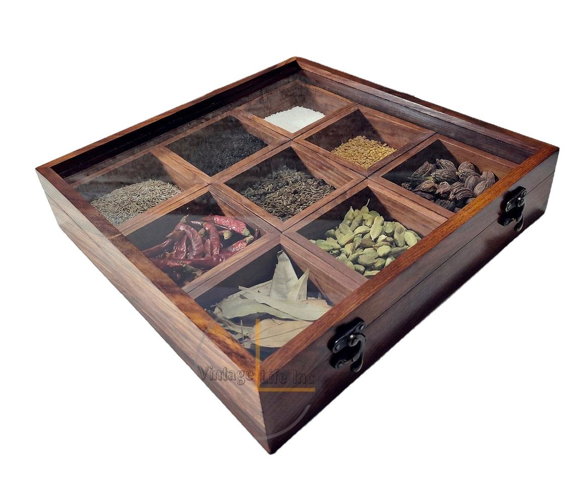 Traditional Indian Spice Box with 9 Compartments & Glass Lid Premium Handmade Wood Finish