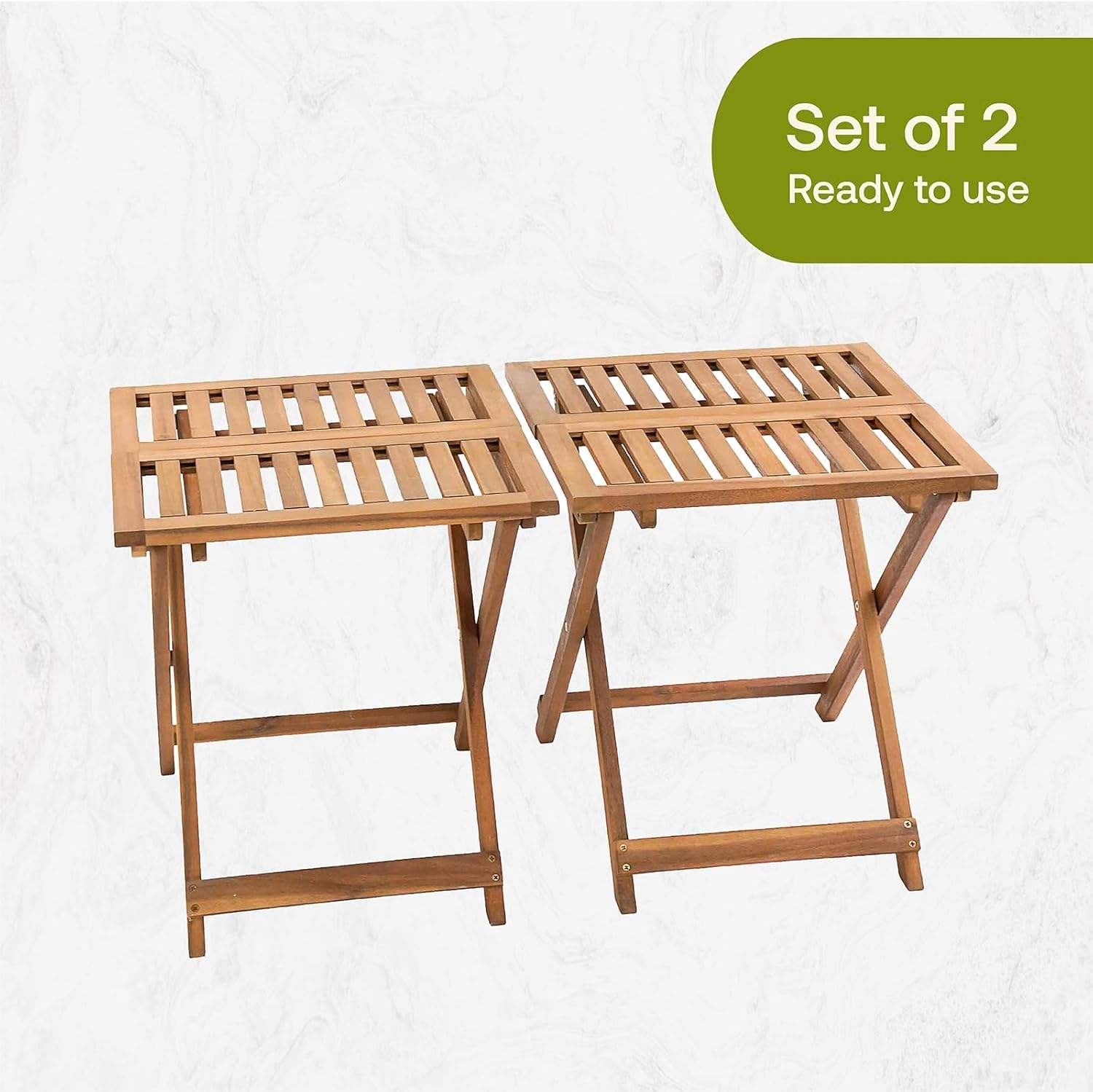 Modern Set of 2 Foldable Side Tables 19.7”  Golden Teak Portable Wooden Furniture for Home & Garden