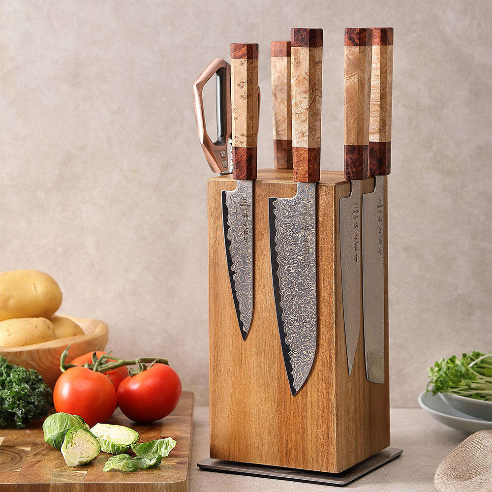 Wooden Magnetic Knife Storage Block 7 Pcs 360° Rotating Kitchen Knife Stand for Modern Countertop Organization