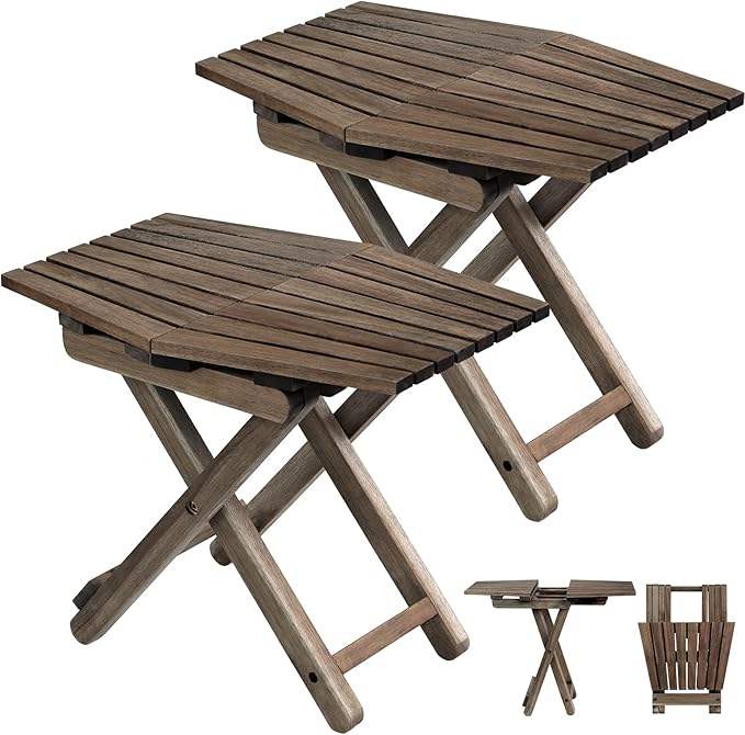 Folding Outdoor Side Table Set of 2 Natural Wood Top Accent Tables for Patio, Bedroom, Living Room & Small Spaces 18 x 13 Inch