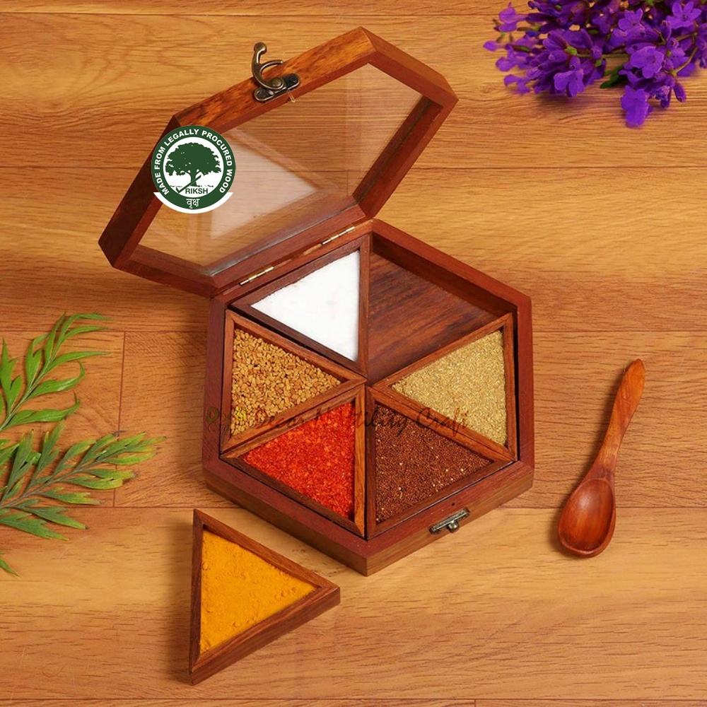 Wooden Polygon Shape Masala Box with Glass Cover Elegant Kitchen Spice & Dry Fruit Organizer