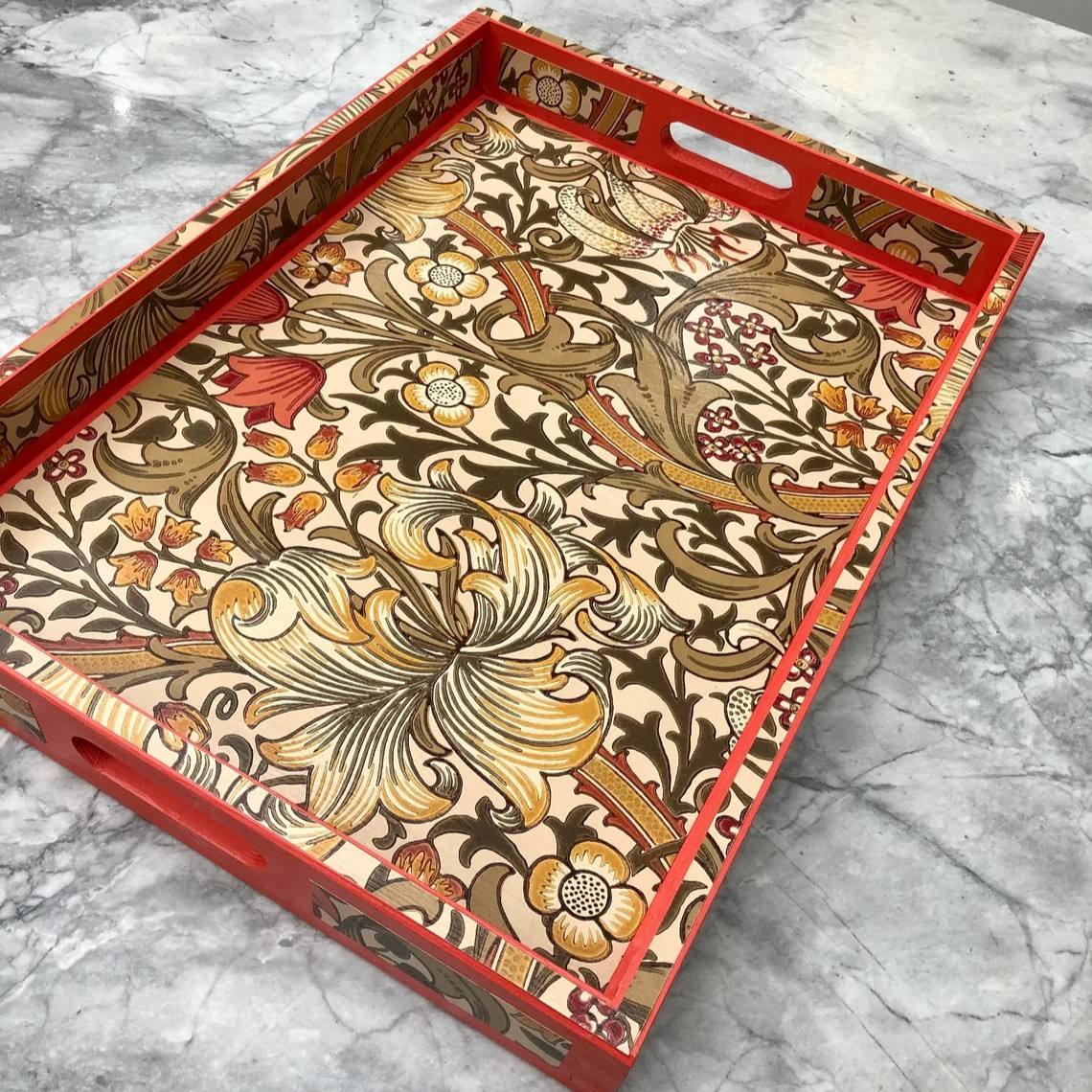 Premium Custom Golden Meenakaari Wood Tray Rectangle Shape for Kitchen & Home Decor