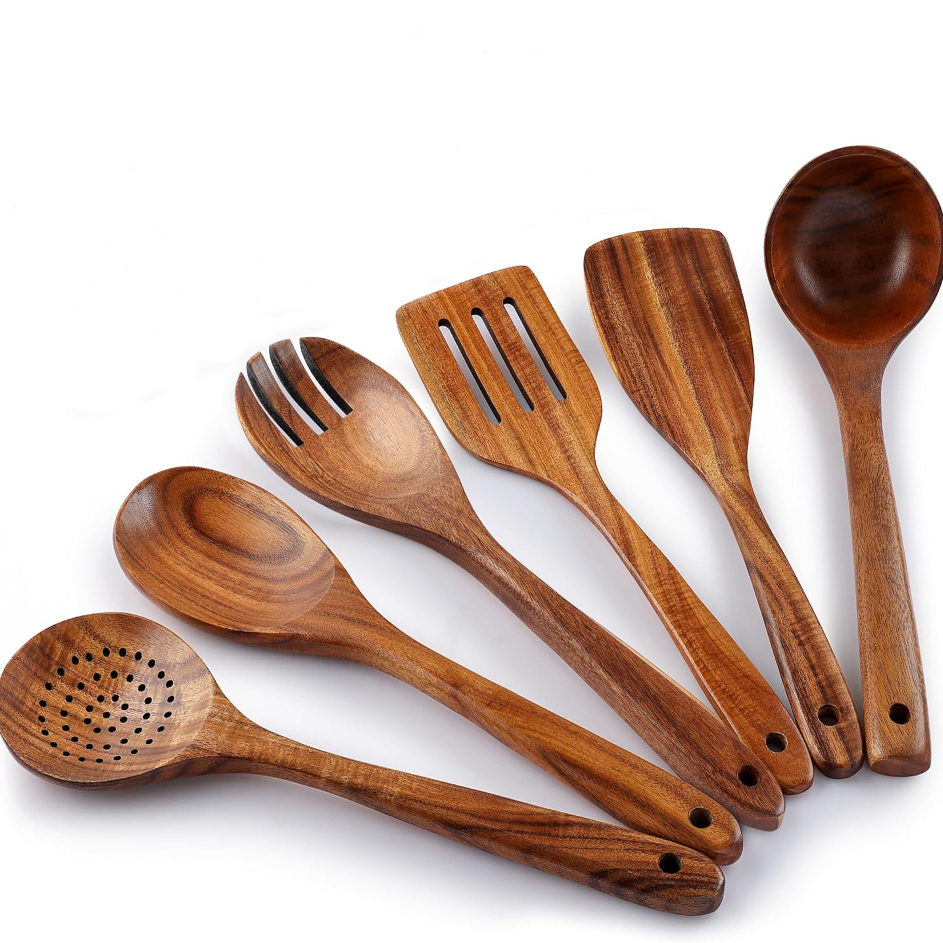 6-Piece Premium Teak Wood Cooking Spoon Set Smooth Finish Non-Stick Kitchen Utensils with Comfortable Grip