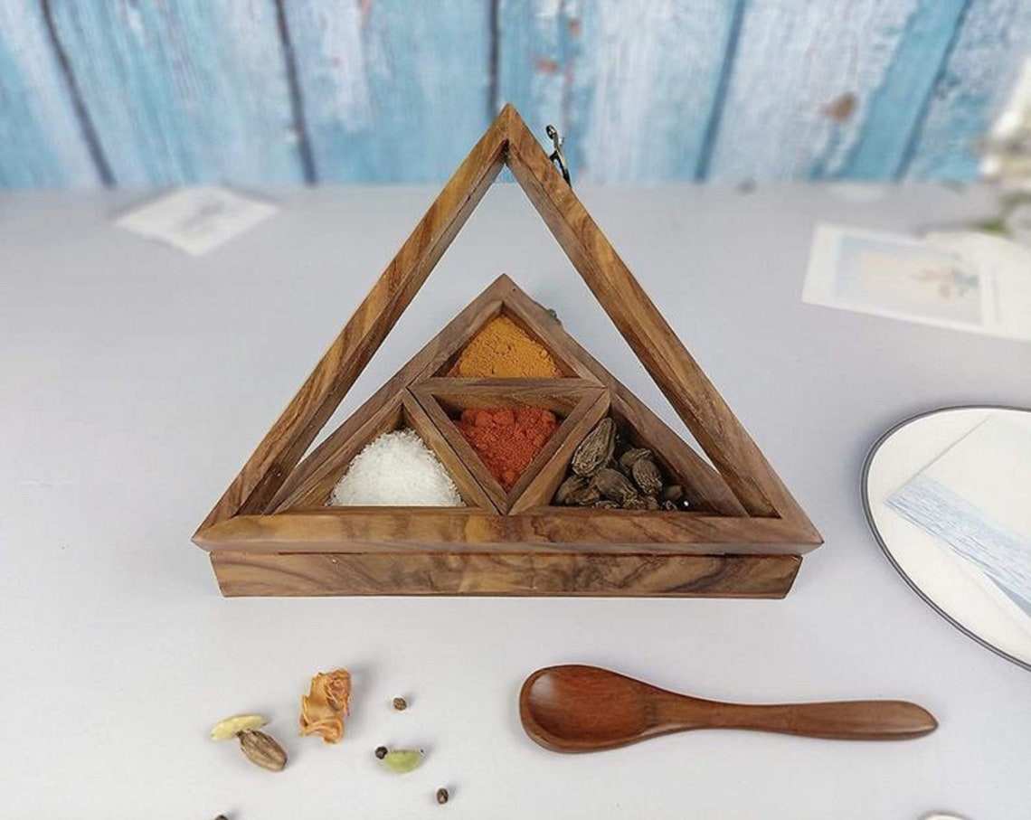 Premium Sheesham Wood Triangle Spice Box with Glass Lid  4 Compartment Dry Fruit & Masala Storage Box | Vintage Handmade Kitchen Organizer | 8 Inch Decorative Home Accessory by Premium Indian Life