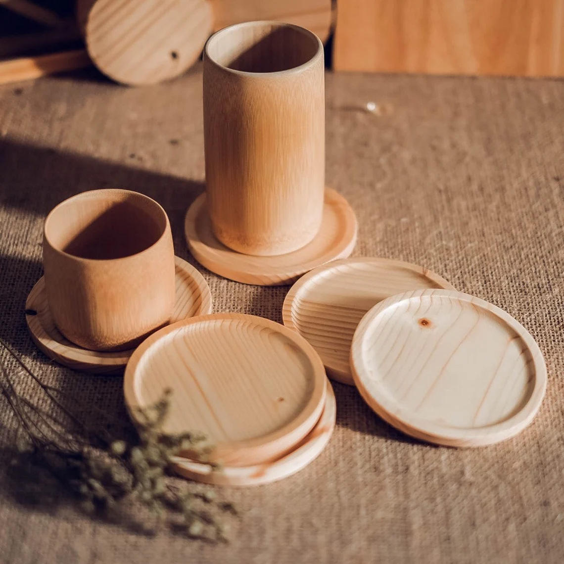 Classic Eco Friendly Wooden Coaster Set 300mm Round Wood Tea Cup Mat with Custom Logo for Kitchen, Dining & Table Decoration