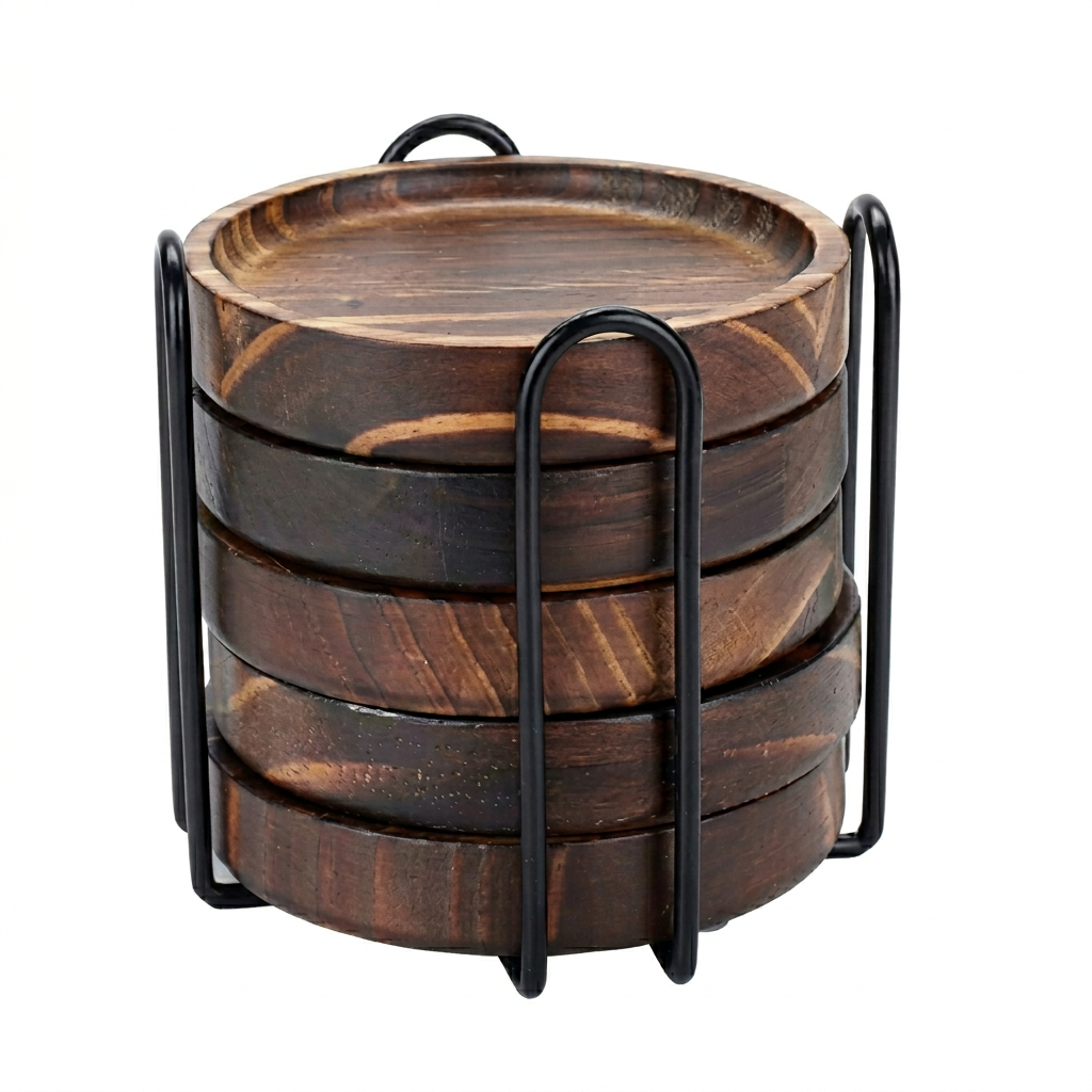 Premium Wedding Party Wooden Drink Coasters with Metal Stand Eco-Friendly Vintage Tabletop Protection & Stain Prevention Decor Set