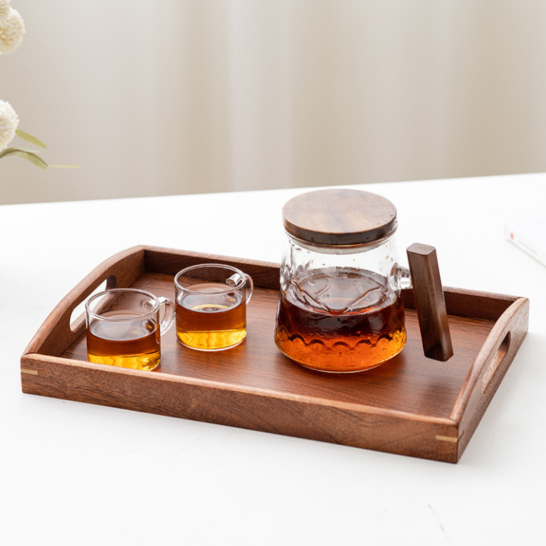 Modern Wooden Serving Tray with Custom Metal Handles – Elegant Rectangle Tray for Home Use