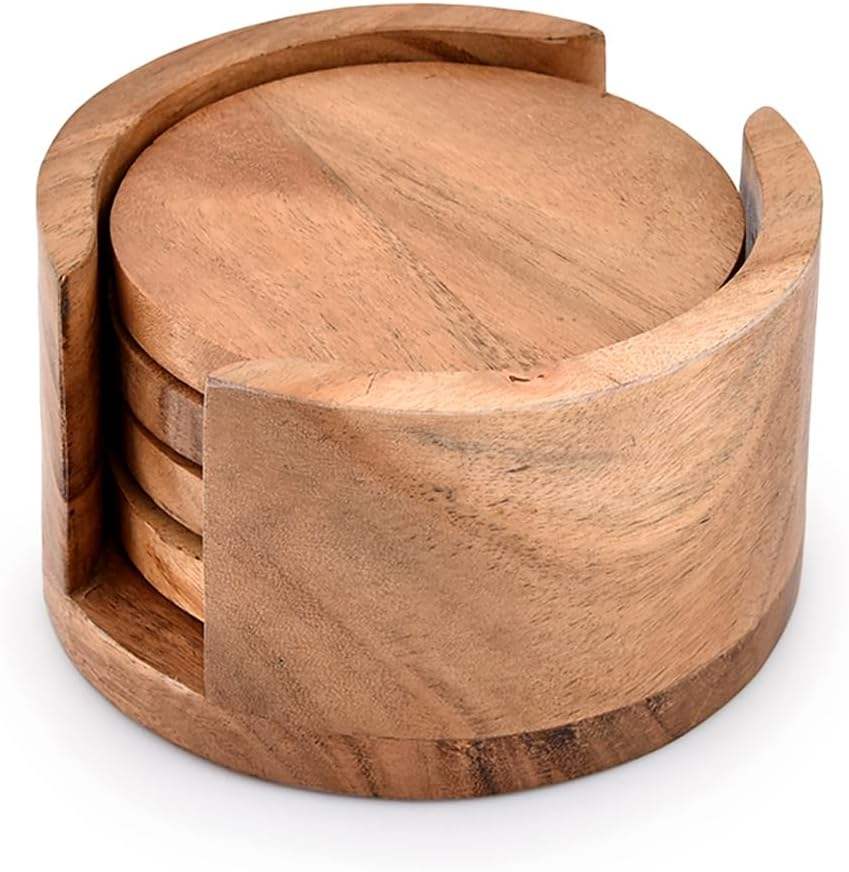 Handmade Wooden Coaster Set with Holder Eco-Friendly Natural Wood Drink Coasters for Home & Office Table Decoration  Customizable Classic Stylish Design by DECOR N UTILITY CRAFT