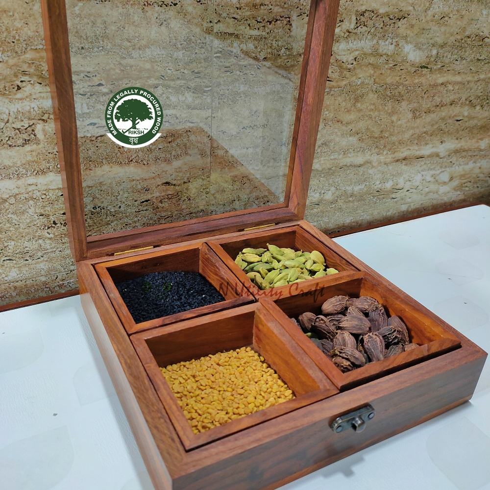 Handmade Wooden Rectangular Spice Box Vintage Brown 12 Inch Masala & Dry Fruit Storage Box for Kitchen
