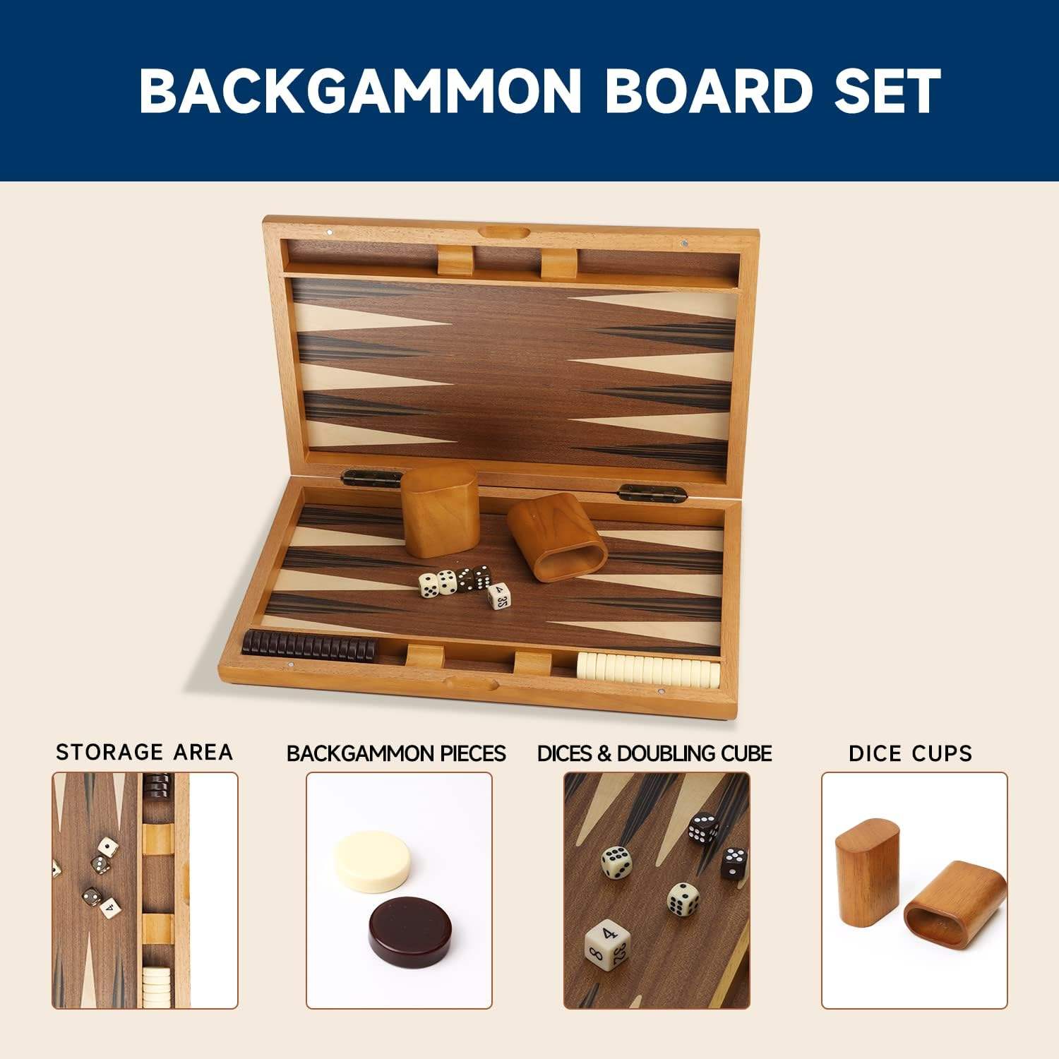 21 Inch Solid Wood Classic Traditional Strategy Board Game Set Premium Folding Backgammon Focus Inlay Design Educational Toy