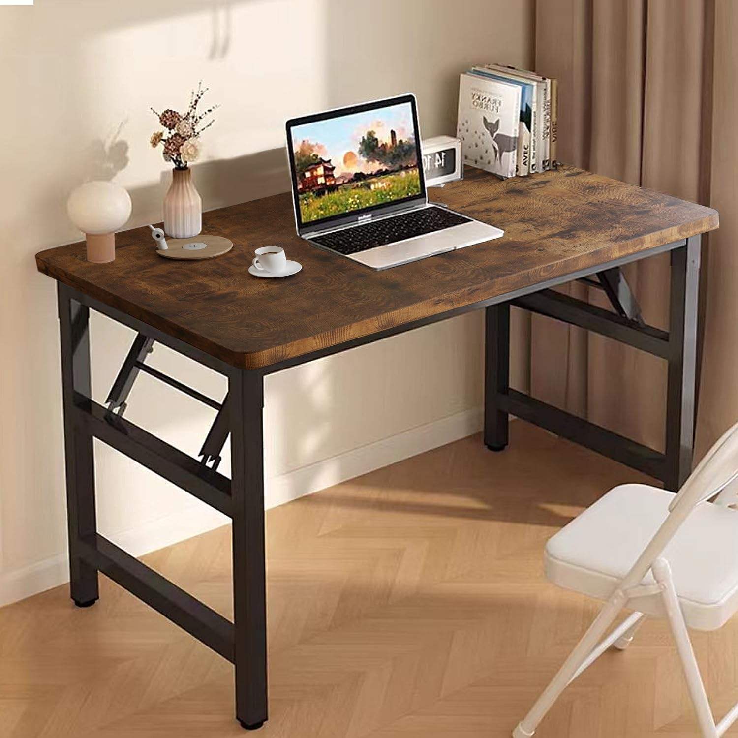Modern Rustic Brown Foldable Desk for Small Spaces Compact No-Assembly Table for Bedroom, Office & Home Use