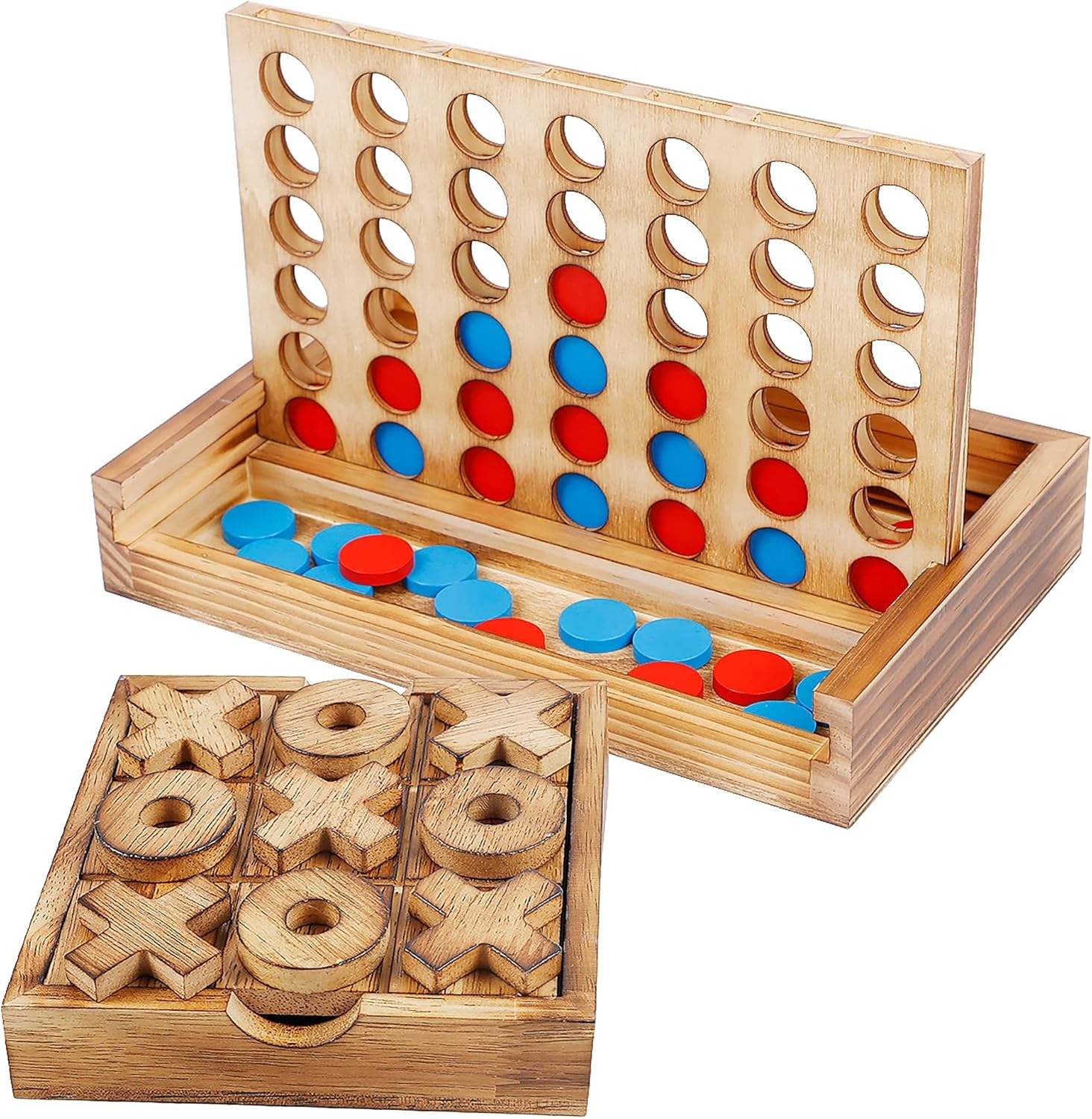 Tic Tac Toe & 4 in a Row Rustic Decor Wood Strategy Board Games Set Educational DIY Toys for Families and Teens & Adults