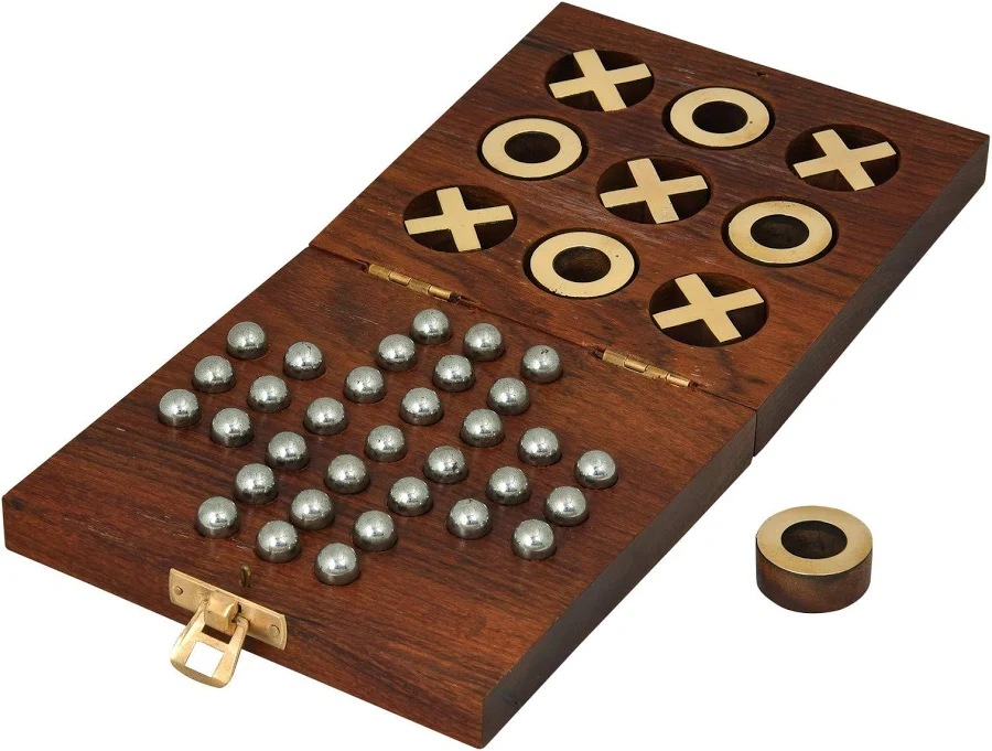 Wooden Tic Tac Toe & Solitaire Board Game | Travel Board Game