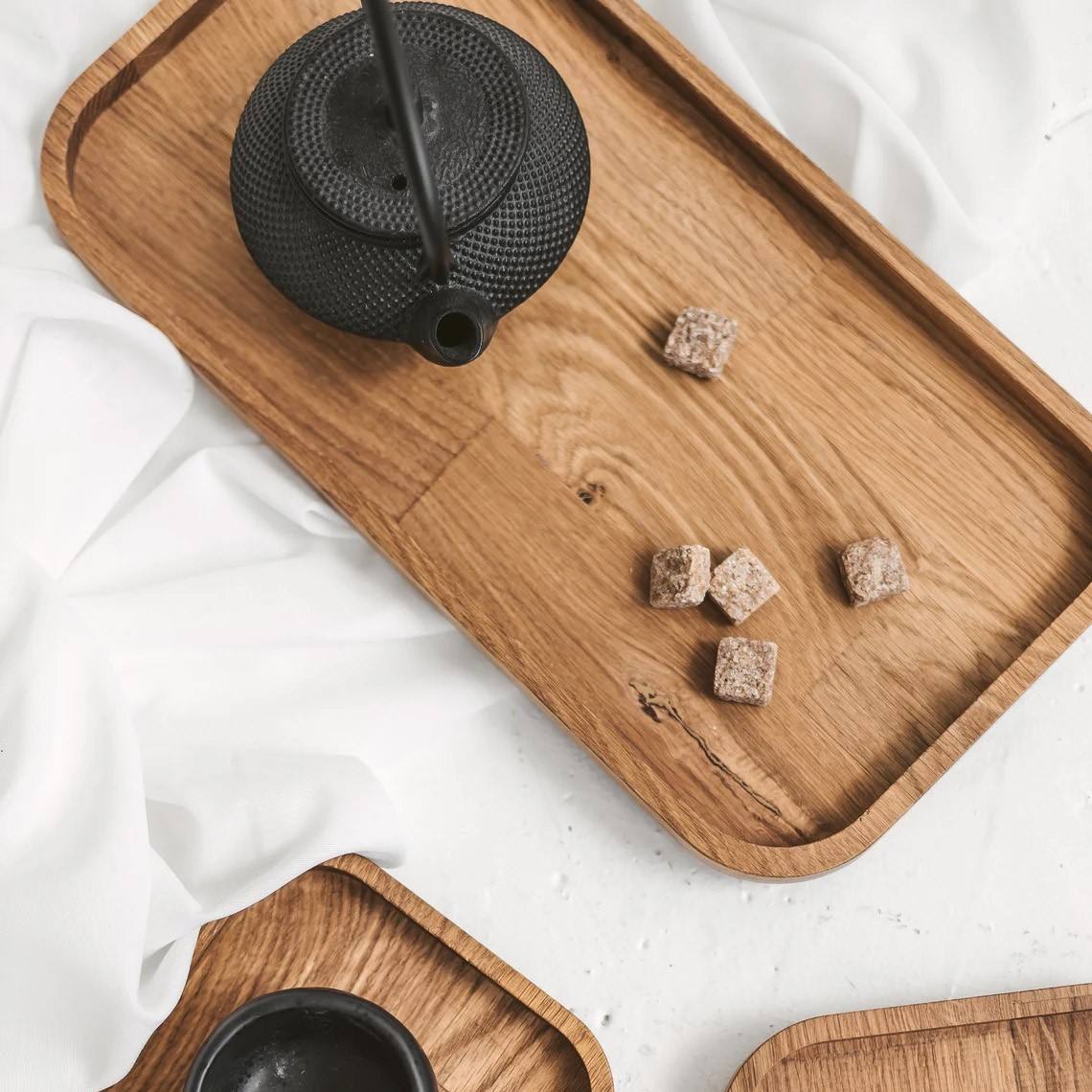 Premium Set of 3 Handmade Oak Wooden Trays Rectangular Kitchen Serving & Storage Organizer