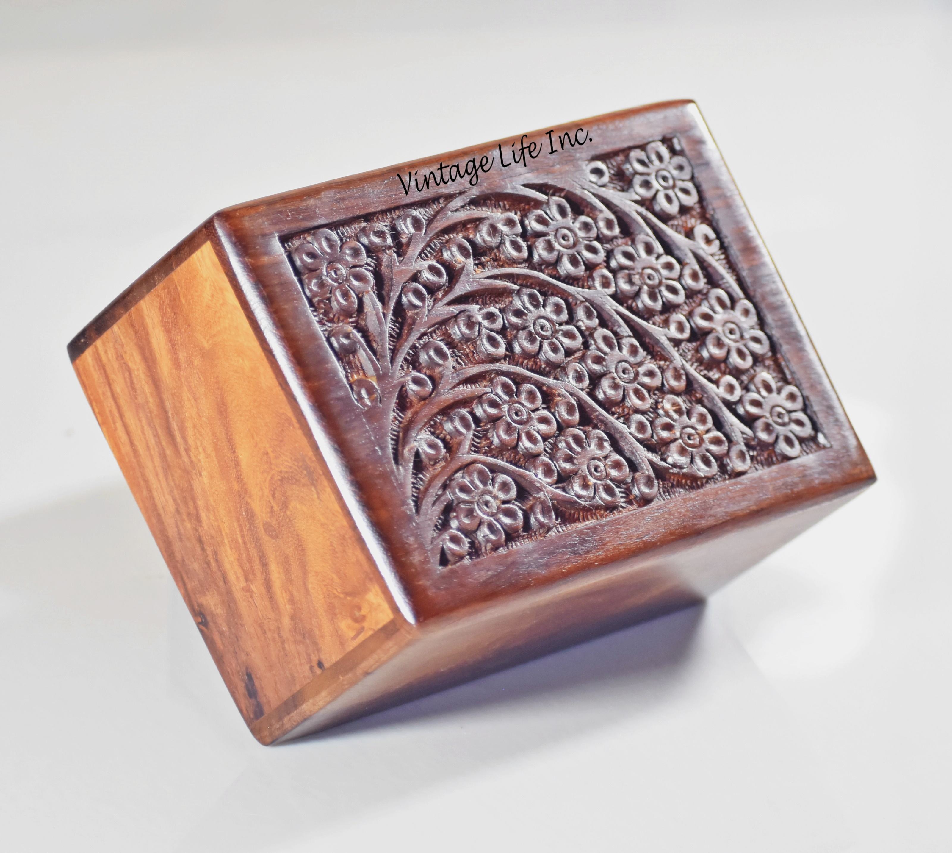 Hand-Carved Wooden Urn Box