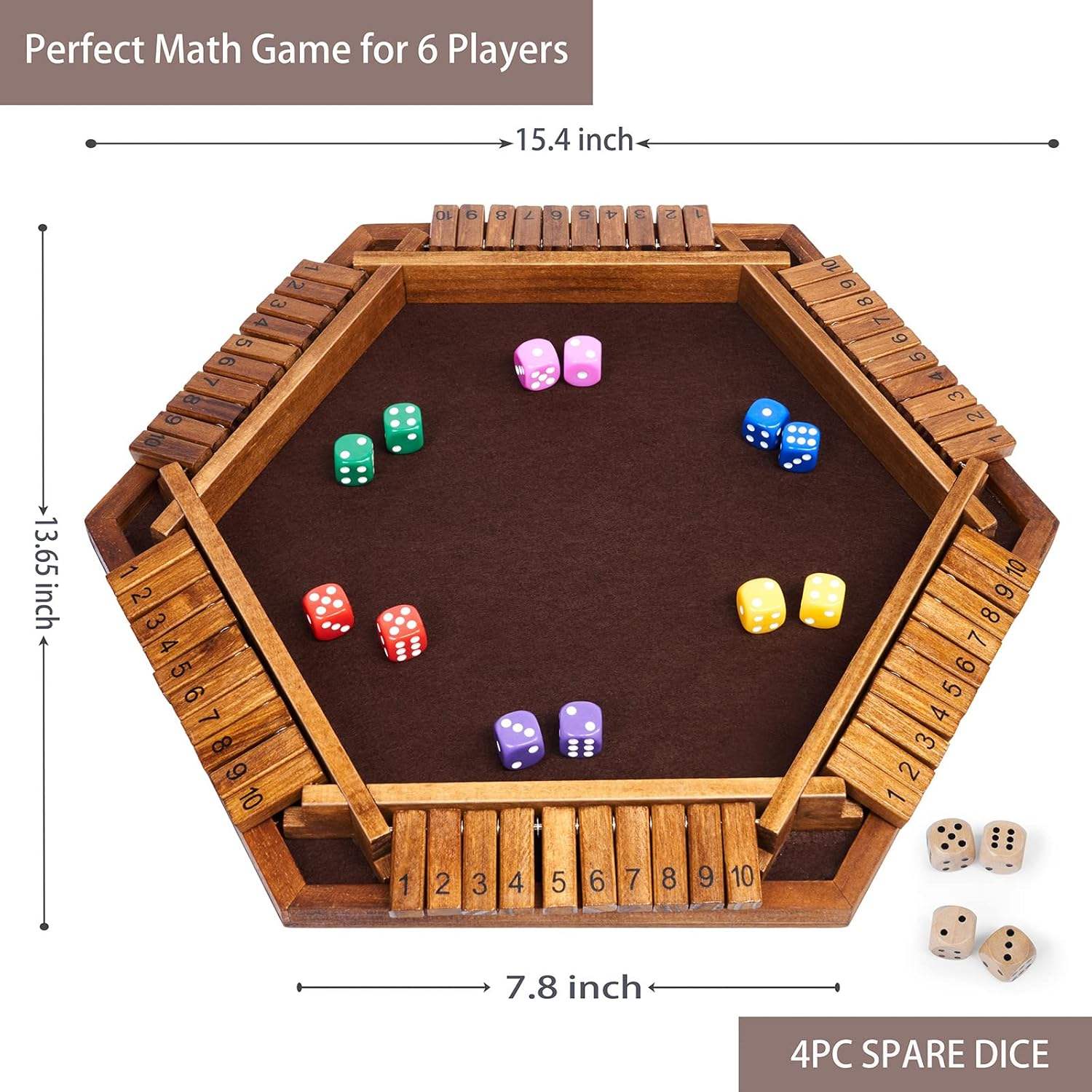 Wooden Shut the Box Dice Game Educational Toy 15x13 Inches for 1-6 Players 10 Number Math Game with 16 Dice for Kids & Adults