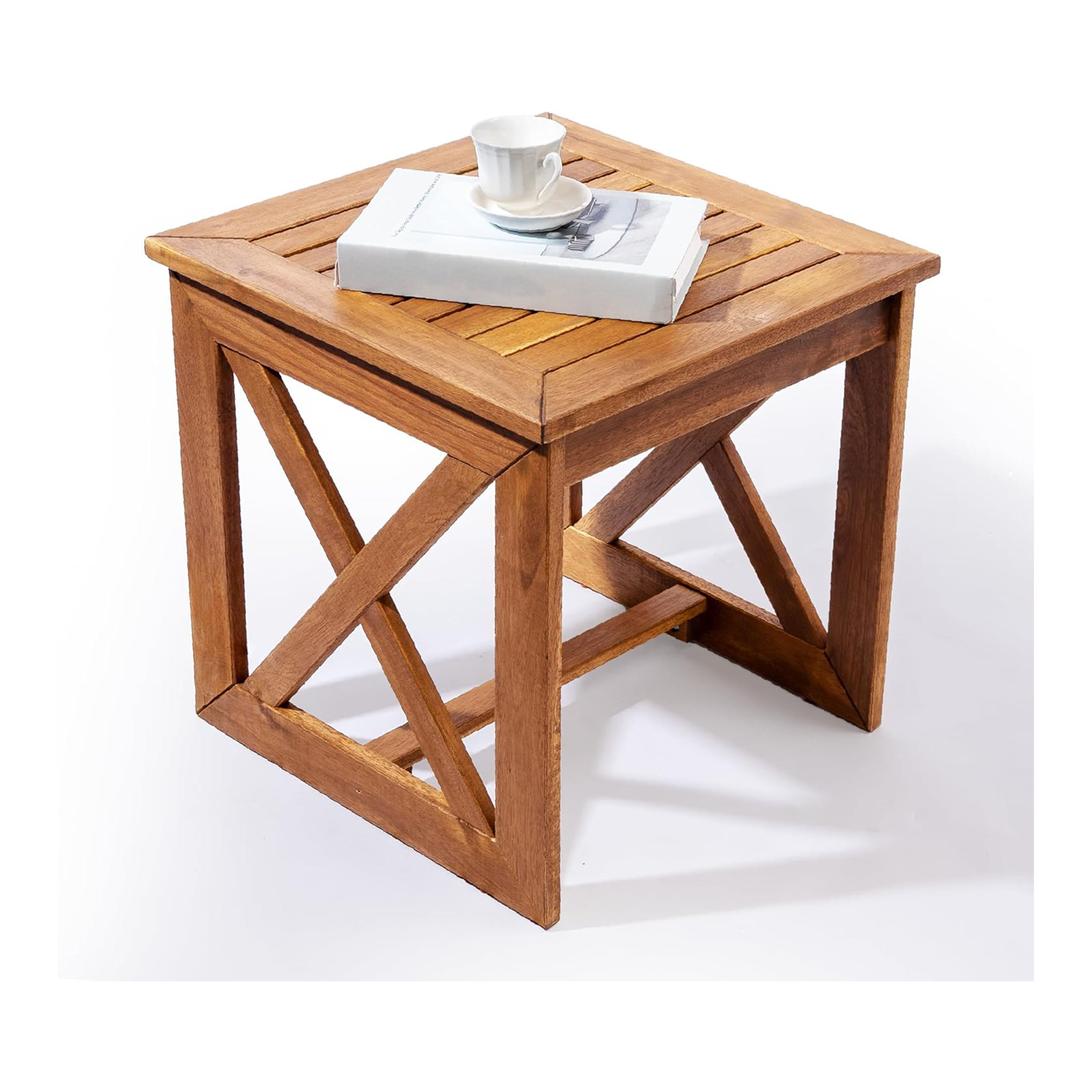 Wooden Side Table with X-Braced Design  Small Outdoor Patio Table for Garden, Poolside, Backyard, Entryway & Balcony Use