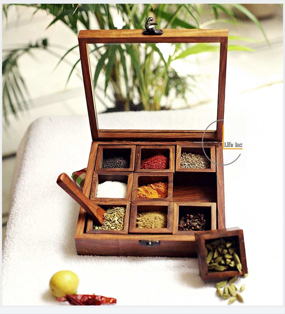 Premium Handmade Wooden Spice Box with 9 Compartments & Glass Lid 8 Inch Masala Dabba